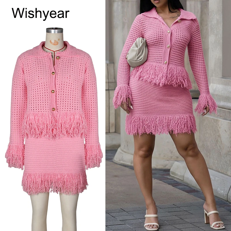 

Повседневная женская трикотажная куртка на пуговицах с длинными рукавами, топы и мини-юбка, комплект из 2 предметов с бахромой по краям, модный наряд для отдыха и вечеринки