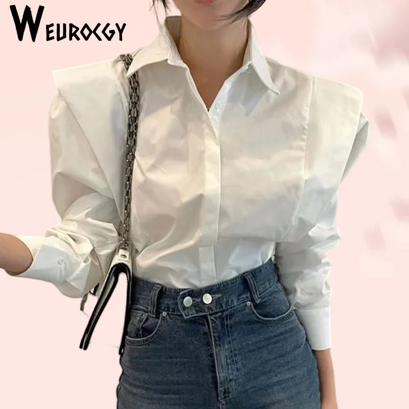 Women Top Relaxed Long Sleeve Leisure Shirt Solid Temperament Korean 2023 Spring Vintage Simple Polo Snap Closure Panel Ruffles