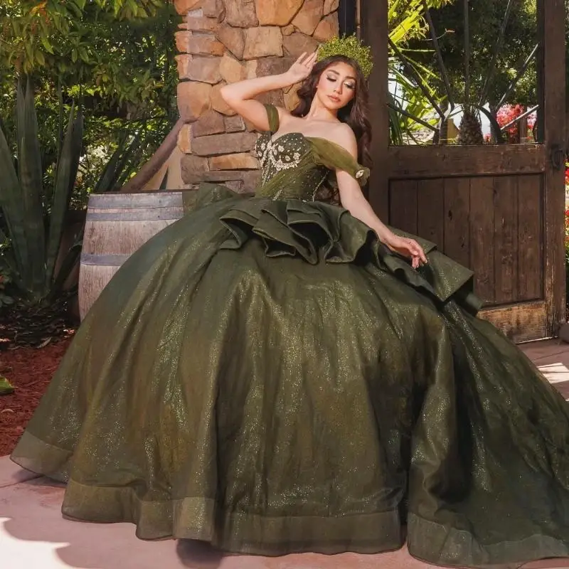 

Mexican Olive Green Shiny Quinceanera Dress Ball Gown Off The Shoulder Beaded Crystal Tull Corset Sweet 16 Vestido De 15 Anos
