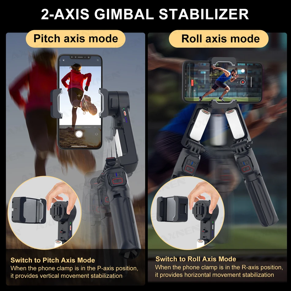 2-Axis Gimbal Stabilizer for Smartphone, Selfie Stick Portable Tripod with Fill Light, for Phone Video Recording Auto Balance