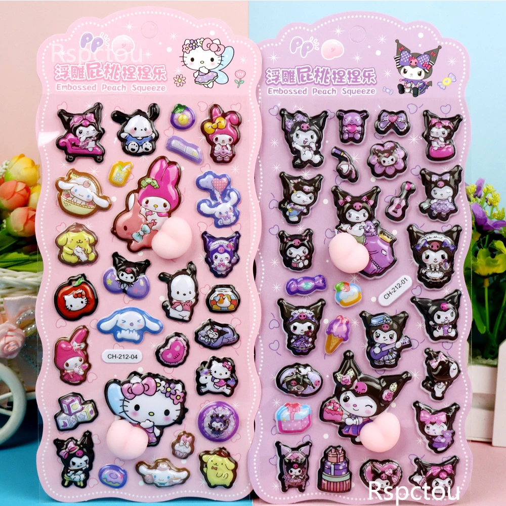6pcs Sanrio Butt Relief Stickers Leuke My Melody Kuromi Cinnamoroll Decoratie Sticker Kawaii Stress Puffy Decals Levert