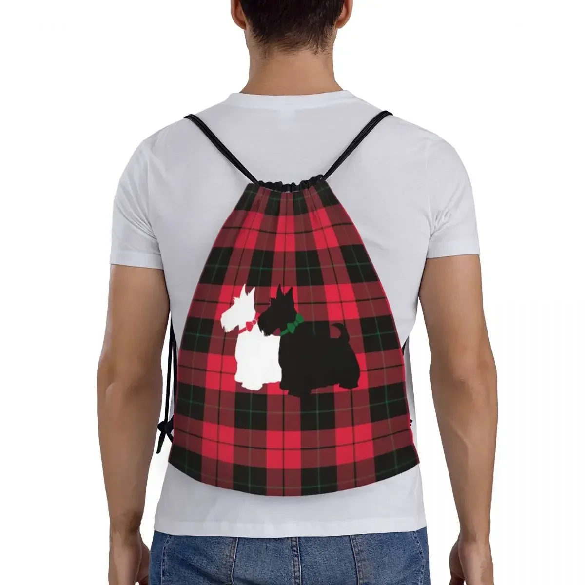 Mode Tartan Scottie Hund Kordel zug Tasche Männer Frauen faltbare Sport Sport Sackpack Scottish Terrier Training Rucksäcke