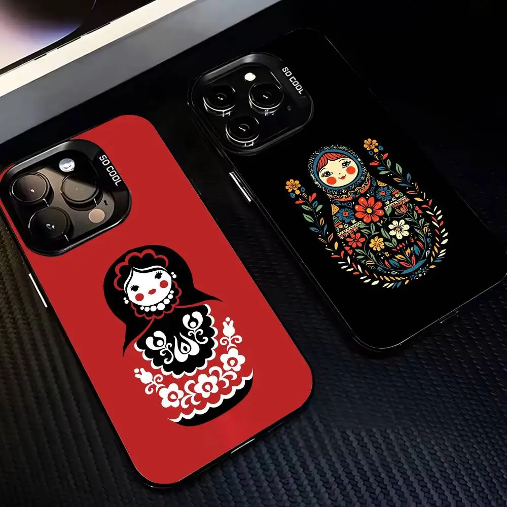 

Russian Art Matryoshka Phone Case For iPhone17,16,15,14,13,12,11,Pro,MAX Gray Matte Silicone Black Cover