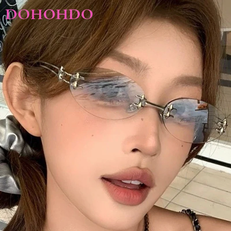 

Fashion Retro Y2K Metal Rimless Oval Star Decoration Sunglasses Women Trend Luxury Men Punk Shades Driving Travel Sunglass UV400