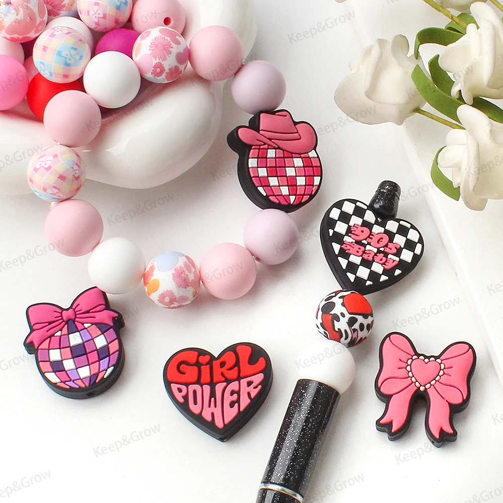 Pink Theme Fashion Silicone Beads Set 90s Girl Power Focal Beads for DIY Keychains Beads Pen Jewelry Making Accessory Decorative
