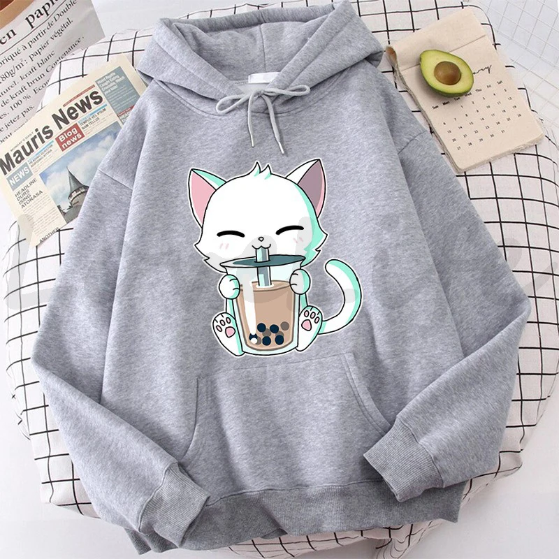 Animals Boba Tea Hoodie Cute Cat Hooded Sweatshirt Harajuku Hoodies Kids Kawaii Pullover Tops Casual Hoody Women\'s Clothes Coats