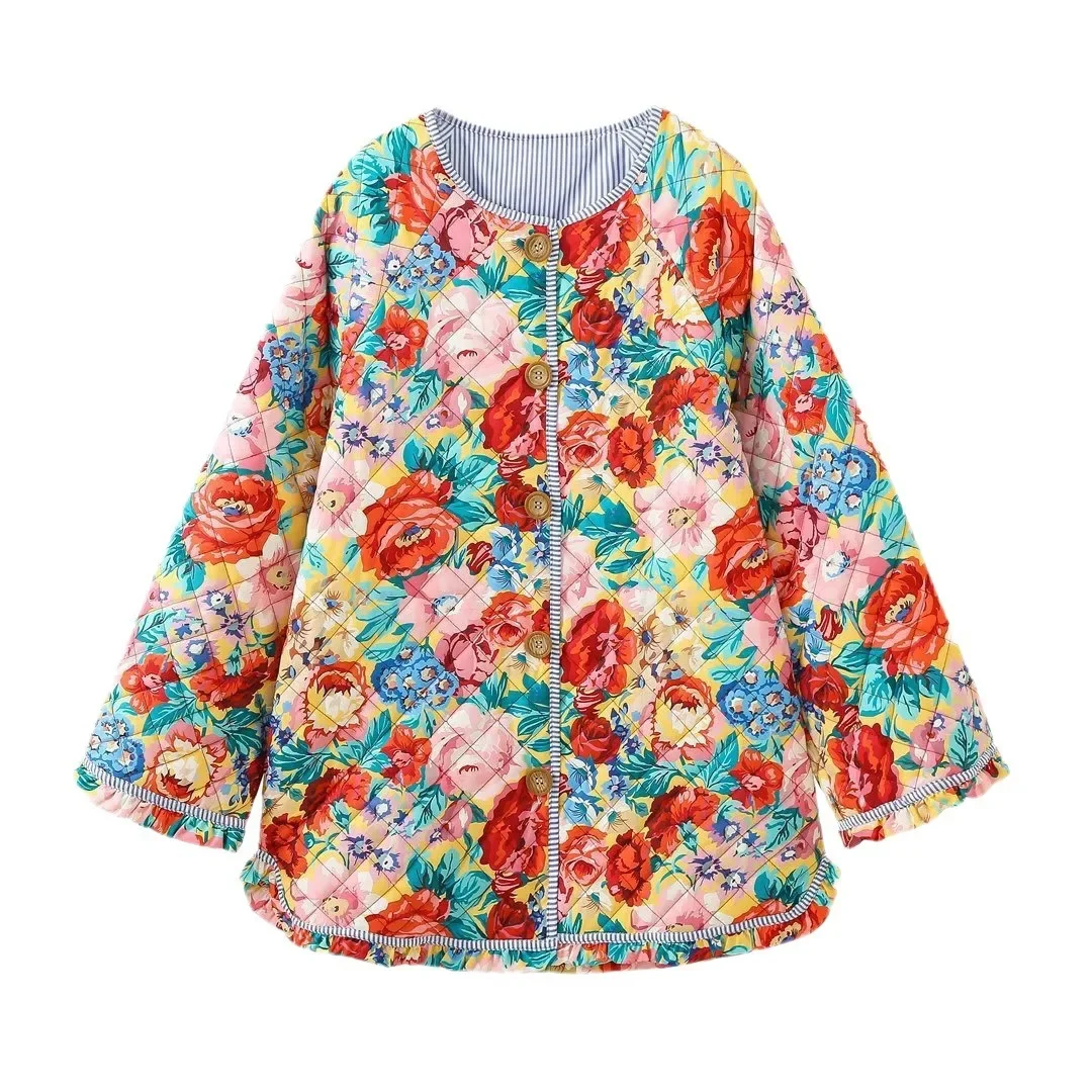 Jaqueta com estampa floral para mulheres, com botão vintage, ajuste solto, casaco puffer leve, casacos acolchoados dianteiros com flor boho, outono e inverno