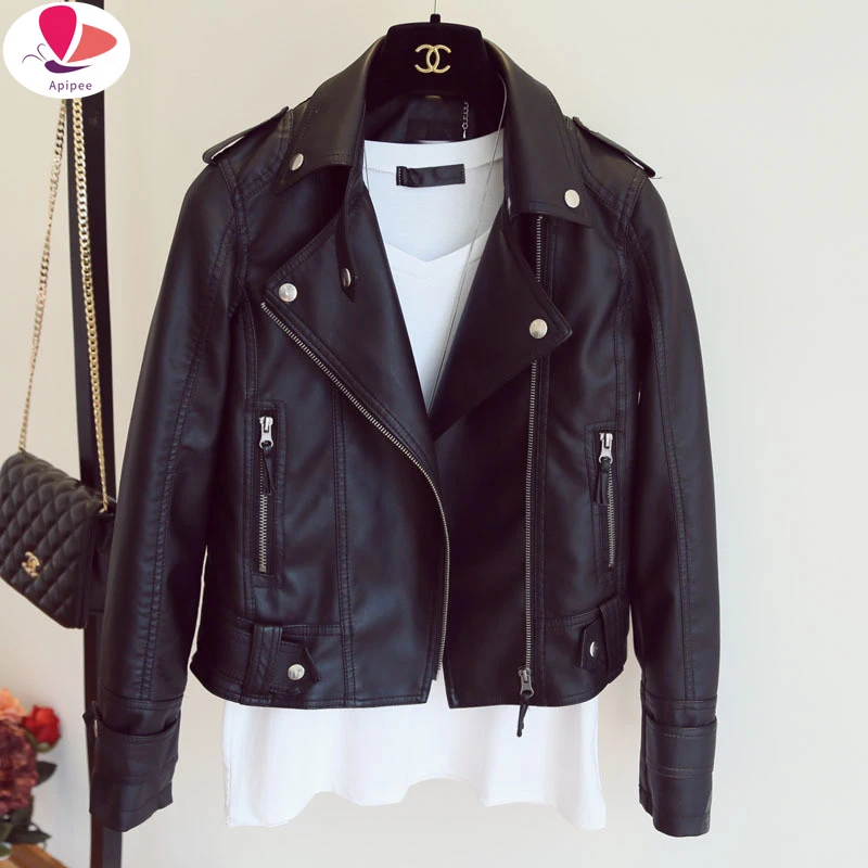 APIPEE Women Autumn Leather Jacket Moto Biker Motocycle Female Outwear Classical Faux Leather Coat Black Turn-down Collar