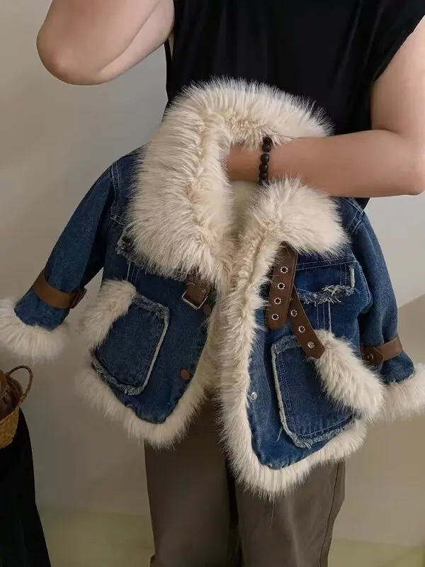 Winter New Children's Denim Parkas Nature Big For Fur Collar Design Thicker Warm Fur Coat Girls Down Jacket