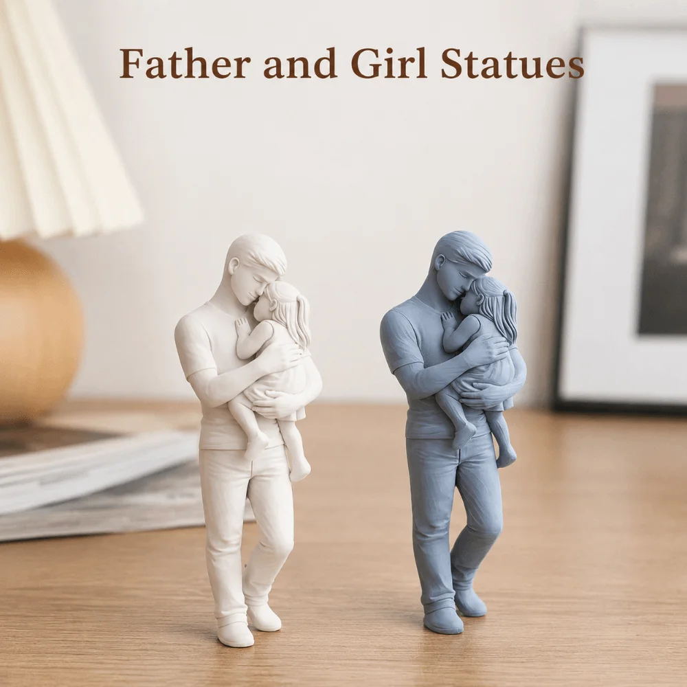 3D Printed Father and Girl Statues Standing Decoration Desktop Girl Figurine Cute Unique Hug Kids Sculpture Home Office Decor