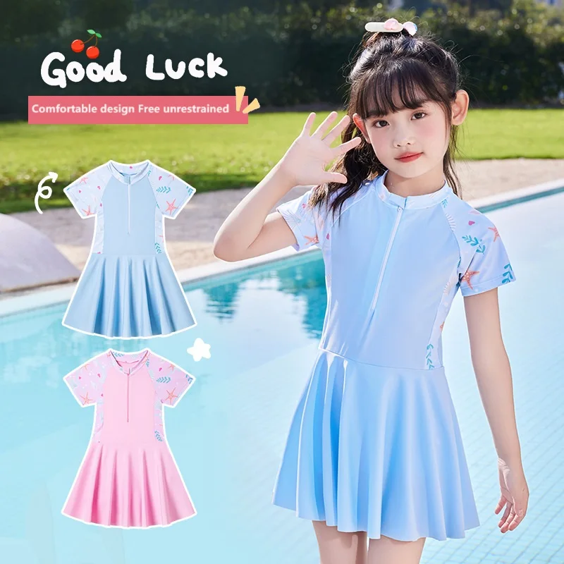 Girl\'s Swimwear Skirt Fashionable Print One Piece Swimsuit Hot Spring Swimming Dress In Stock