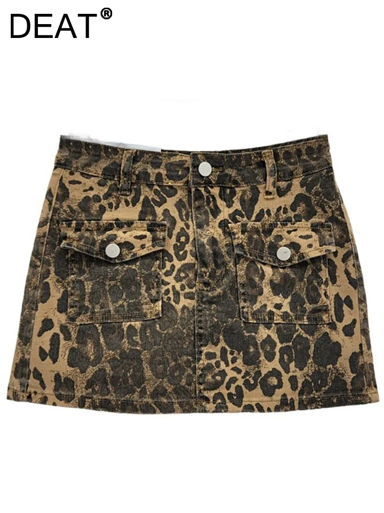 

DEAT Women's Denim Skirts High Waist Leopard Printed Pockets Retro Sexy A-line Mini Skirts 2024 Autumn New Fashion 11XX9268