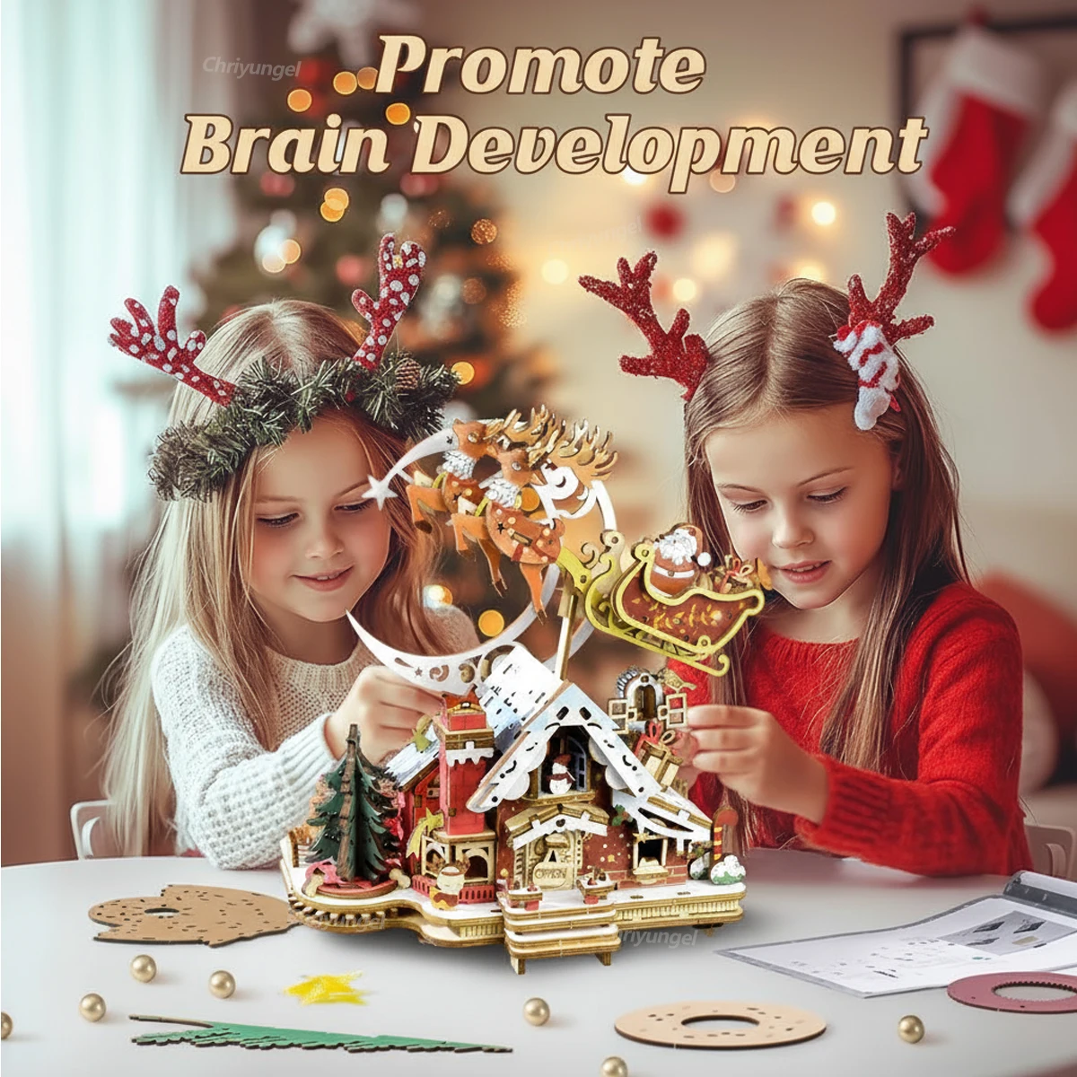 크리영엘 크리스마스 3D 나무 퍼즐 컬러풀 트랙 모델 빌딩 키트 DIY 장식 크리스마스 선물 장난감 성인 청소년 어린이용