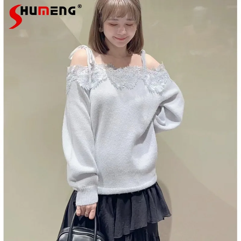 

2024 Autumn Japanese Style Knitwear Women's Clothing Sweet Lady Lace Splicing Suspender Off-the-shoulder Strap Knitted Sweater