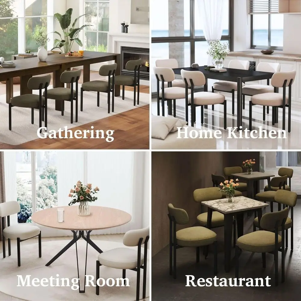 4-Piece Linen Upholstered Dining Chairs Set, Modern Armless Kitchen Chairs with Black Metal Legs, Curved Back for Dining Room an