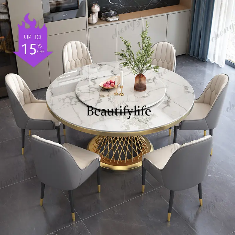 

07 Luxury round dinning Marble Rock Slab dining table set modern 6 chairs mesa comedor sillas furniture Stainless steel gold bas