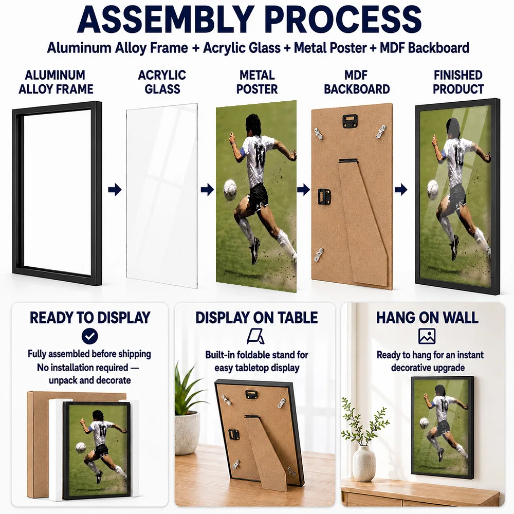 Diego Maradona Running With Ball Framed Aluminum Metal Poster Personalized Illustrated Wall Art For Clubhouse Reception Area