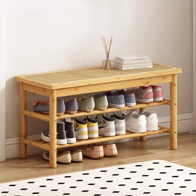 

Тканое сиденье из ротанга из массива дерева, многоуровневая скамейка для обуви в прихожей, прочная полка для обуви для дома, крыльца, компактный табурет для хранения