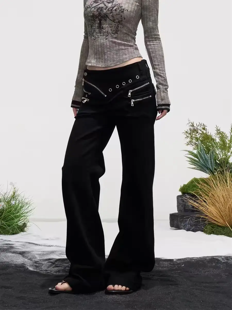 

American Retro Zipper High-Waisted Straight Jeans For Men And Women Fashion Casual Wide-Leg Pants Gothic Hip-Hop Loose Jeans