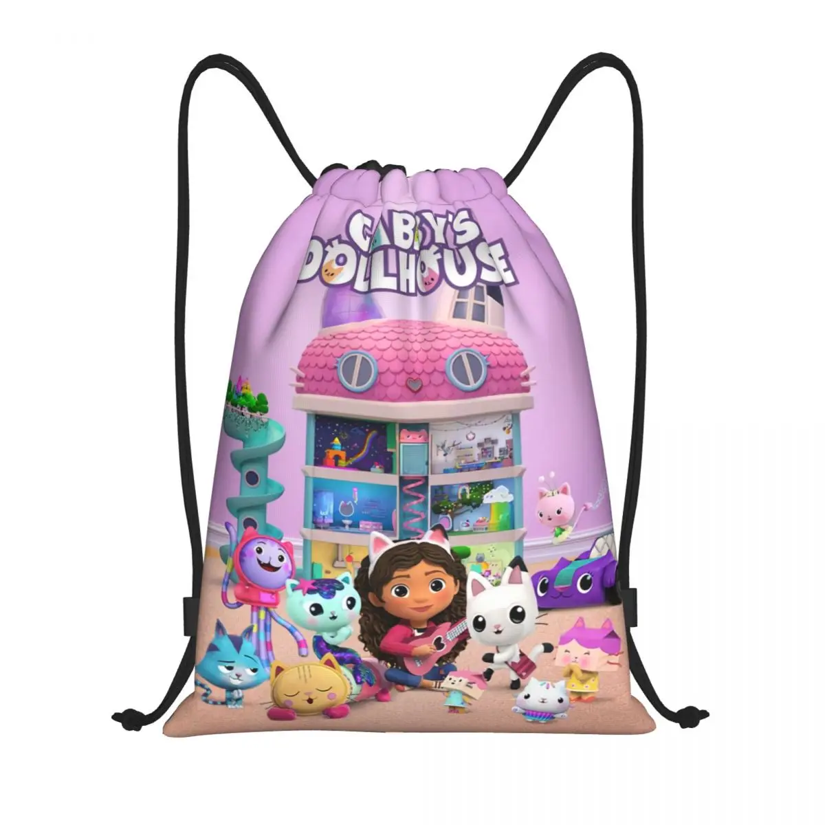 Gabbys Dollhouse Cartoon Drawstring Backpack Sports Gym Bag for Men Women Mercat Cats Animals Training Sackpack