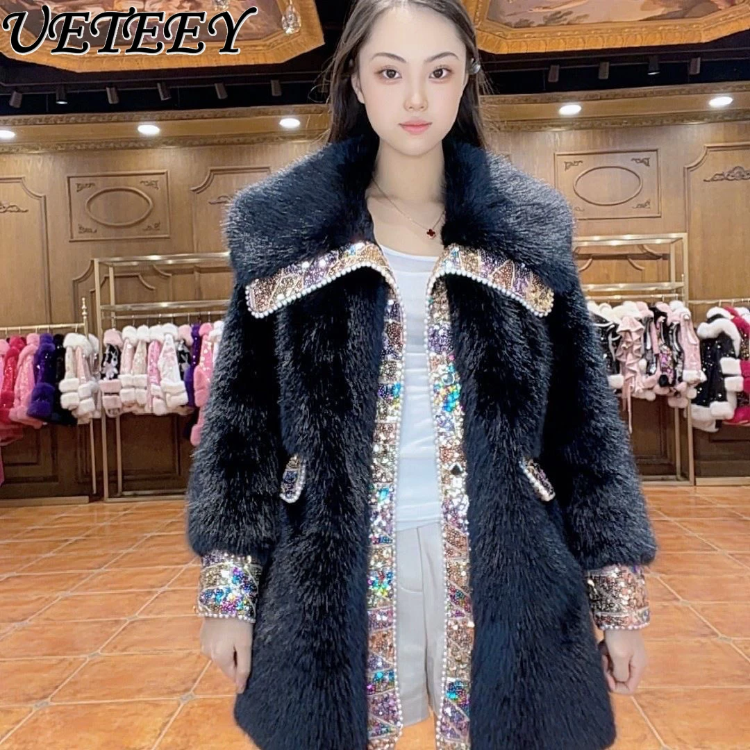 

Новое зимнее пальто из искусственного меха с большими лацканами и бисером, женская модная универсальная роскошная меховая куртка средней длины с длинными рукавами и блестками