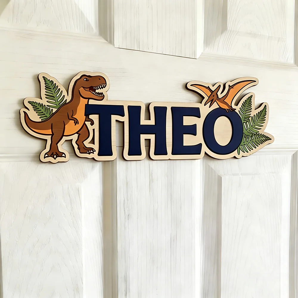 Personalized Dinosaur Name Sign for The Dearest Baby, Wooden Nursery Decor with T-Rex & Pterodactyl, Cute Kids Door Plaque, Baby view 3