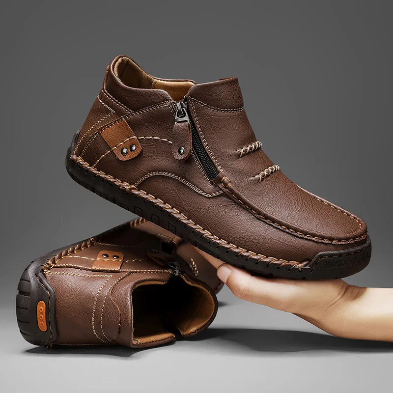 

Men's casual versatile outdoor casual one foot flat handmade leather shoes spring high top shoes