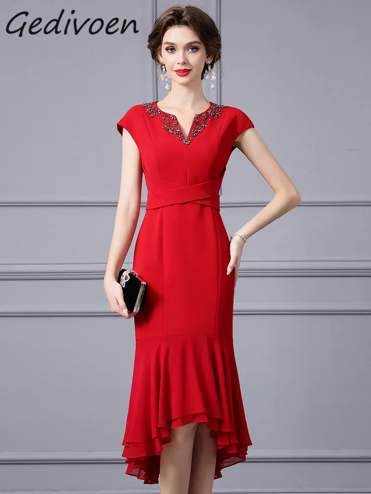 

Gedivoen Summer Fashion Runway Red Vintage Mermaid Dress Women V Neck Diamond High Waist Package Buttocks Ruffle Slim Long Dress