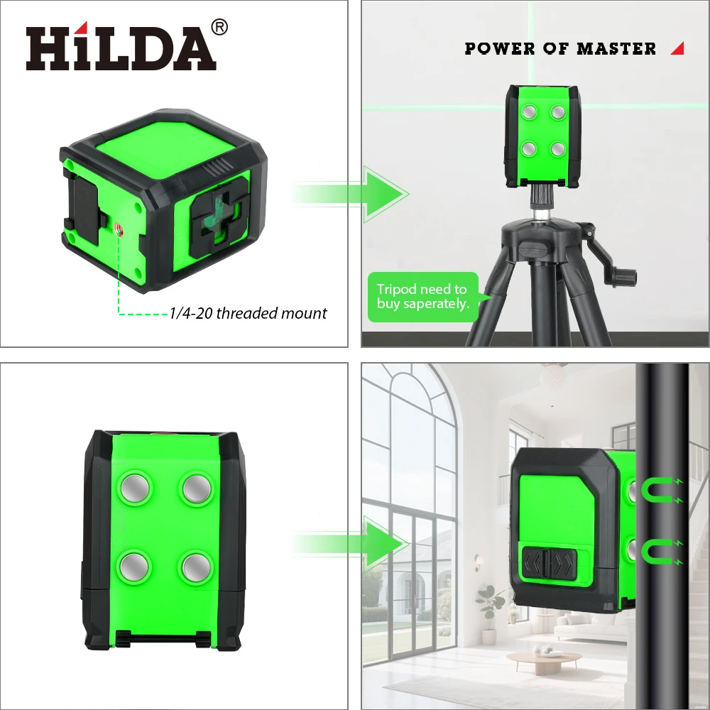 HILDA Laser Level 2 Linien selbstnivellierender Laser mit grünen Strahlen, horizontale und vertikale Kreuzlinie mit 1 m Stativ zum Aufhängen von Bildern – Detail 5