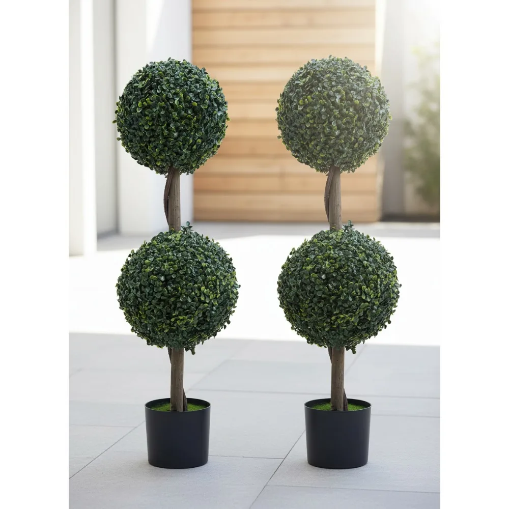 

35 Inch Artificial Topiary Ball Trees Set of 2, Faux Boxwood Indoor Outdoor Home Decor for Living Room Garden