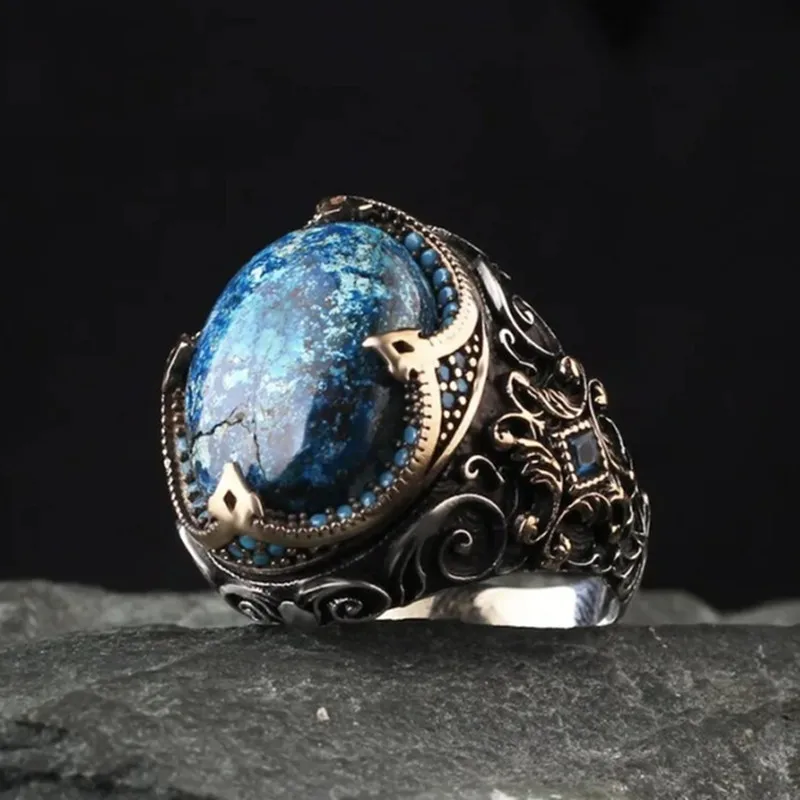 Gothic Vintage Pattern Carving Blue Stones Rings for Men Masculine Cool Silver Finger Bands Party Hiphop Unique Accessory