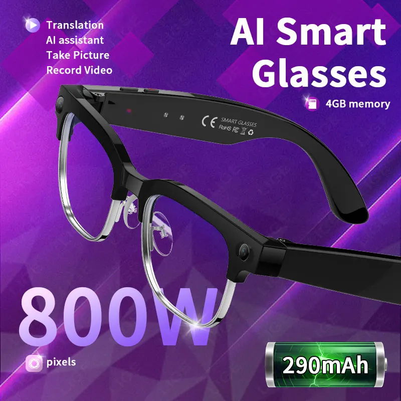 

LIGE New 800W Pixels Camera AI Translation Smart Glasses 4K HD Video Waterproof Bluetooth Call IP66 Waterproof Smart Sunglasses