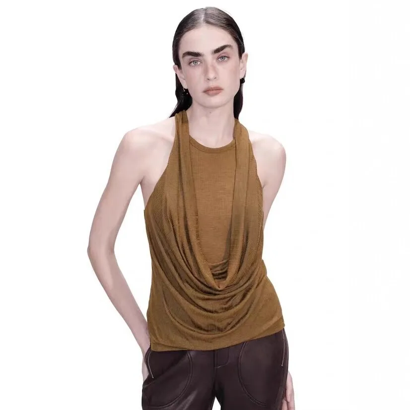 High Street RO Style Teed Tanks Sleeveless Neck Hanging Women's Pleated Slim Fit Versatile Neck Hanging Sexy Tank Camis Top