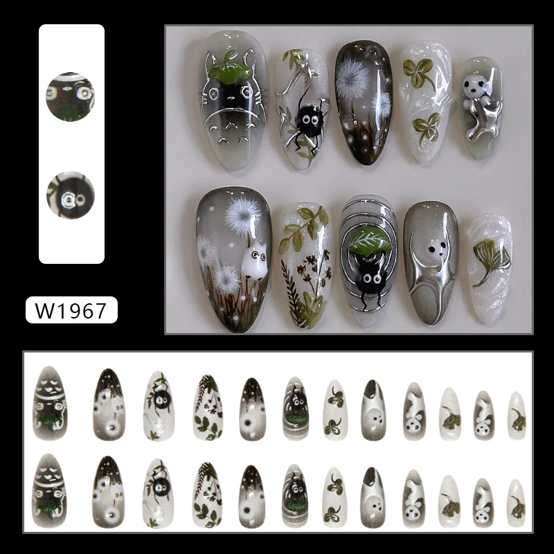 24 uñas postizas con degradado negro, diseño de gato y hada del bosque, brillantes, almendradas 2
