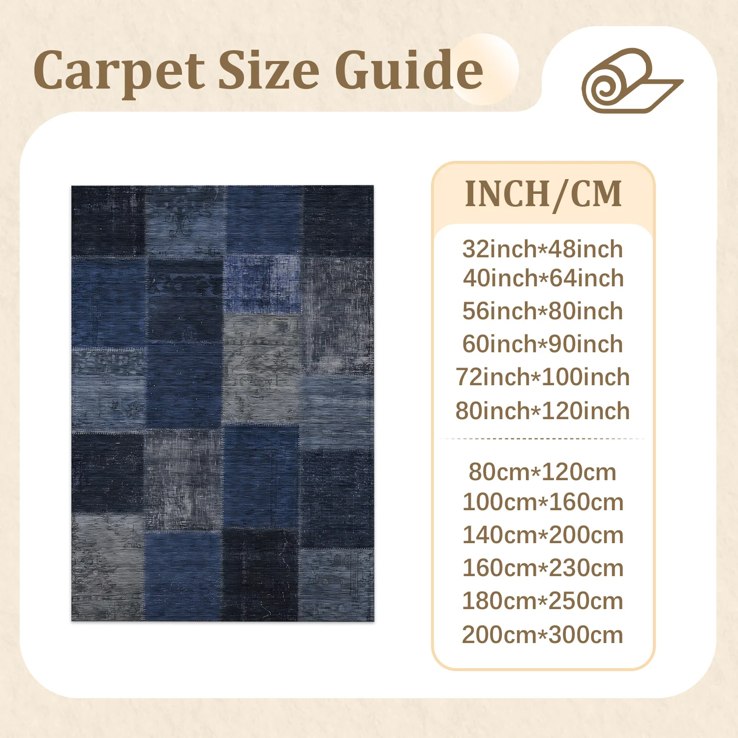 Large Indoor Area Rug, Soft Velvet Low Pile with Non-Slip Dotted Backing, Machine Washable Distressed Patchwork Blue Gray Square Rug for Living Room, Bedroom, Home Decor