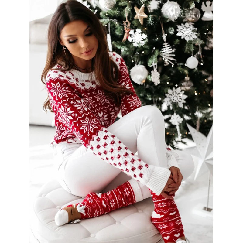 Women Sweater Christmas Snowflake Knitted Long Sleeve O Neck Ladies Jumper Fashion Casual Winter Autumn Printed Pullover Clothes