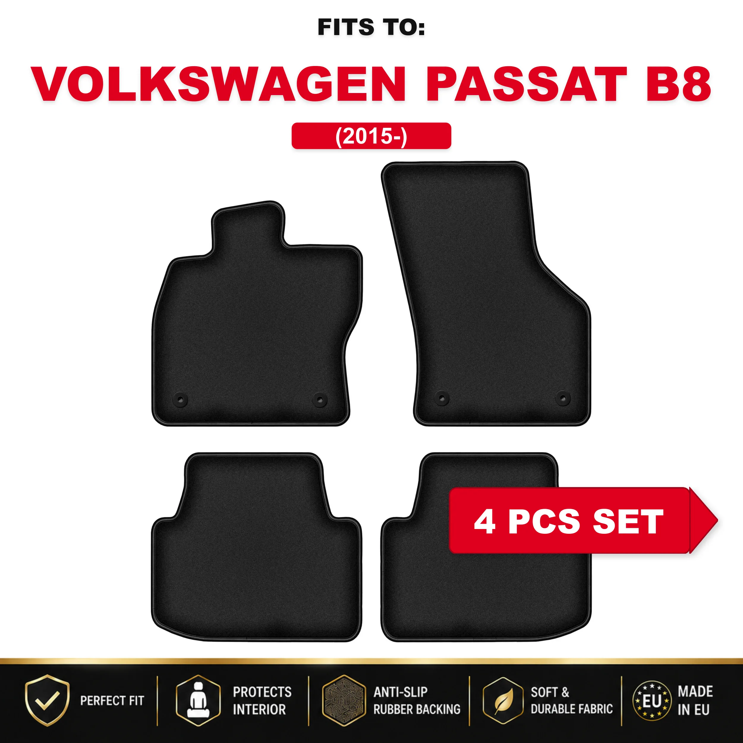 Zwarte velours autovloermatten, 4 stuks Voor: Volkswagen Passat B8 2015 - bijpassende automattenset