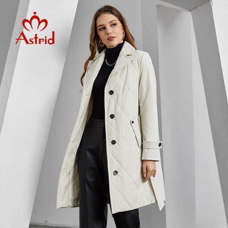 Astrid-Jaqueta acolchoada longa feminina, cinto de lapela, peito único, algodão, sobretudo acolchoado, à prova de vento, casacos Parka, feminino, outono, inverno