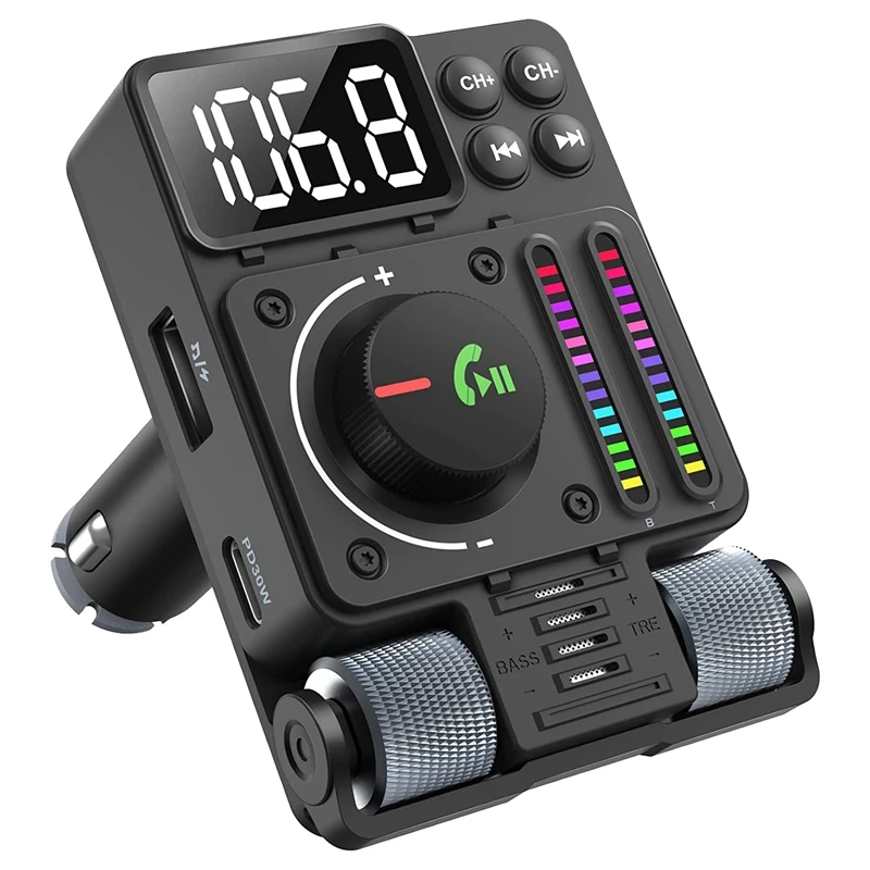 Usb Car Bluetooth Adapter Bluetooth 5.3 FM Transmitter, PD 30W Type C Fast Charge & USB Port, Hifi Treble & Bass Player