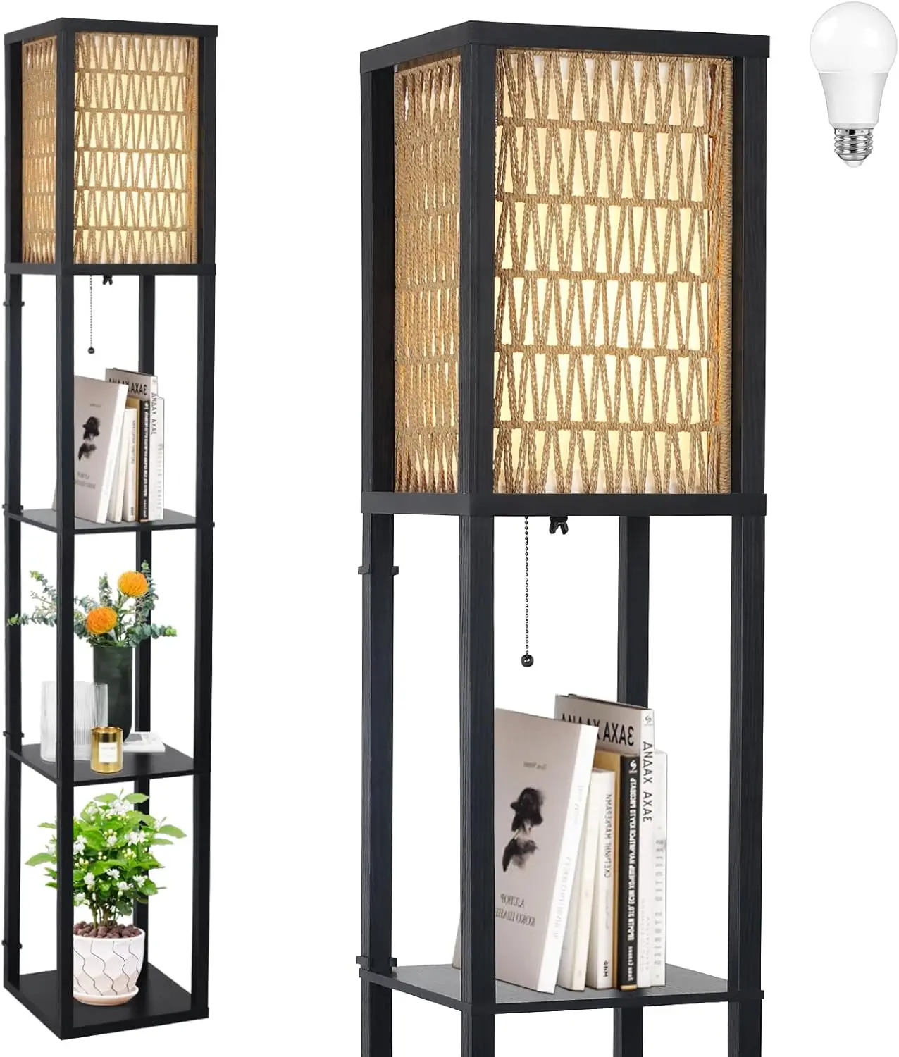 Floor Lamp With Shelves, Corner Floor Lamps For Living Room, Boho Floor Lamp With Led Bulb & Double Shades, Rattan Standing