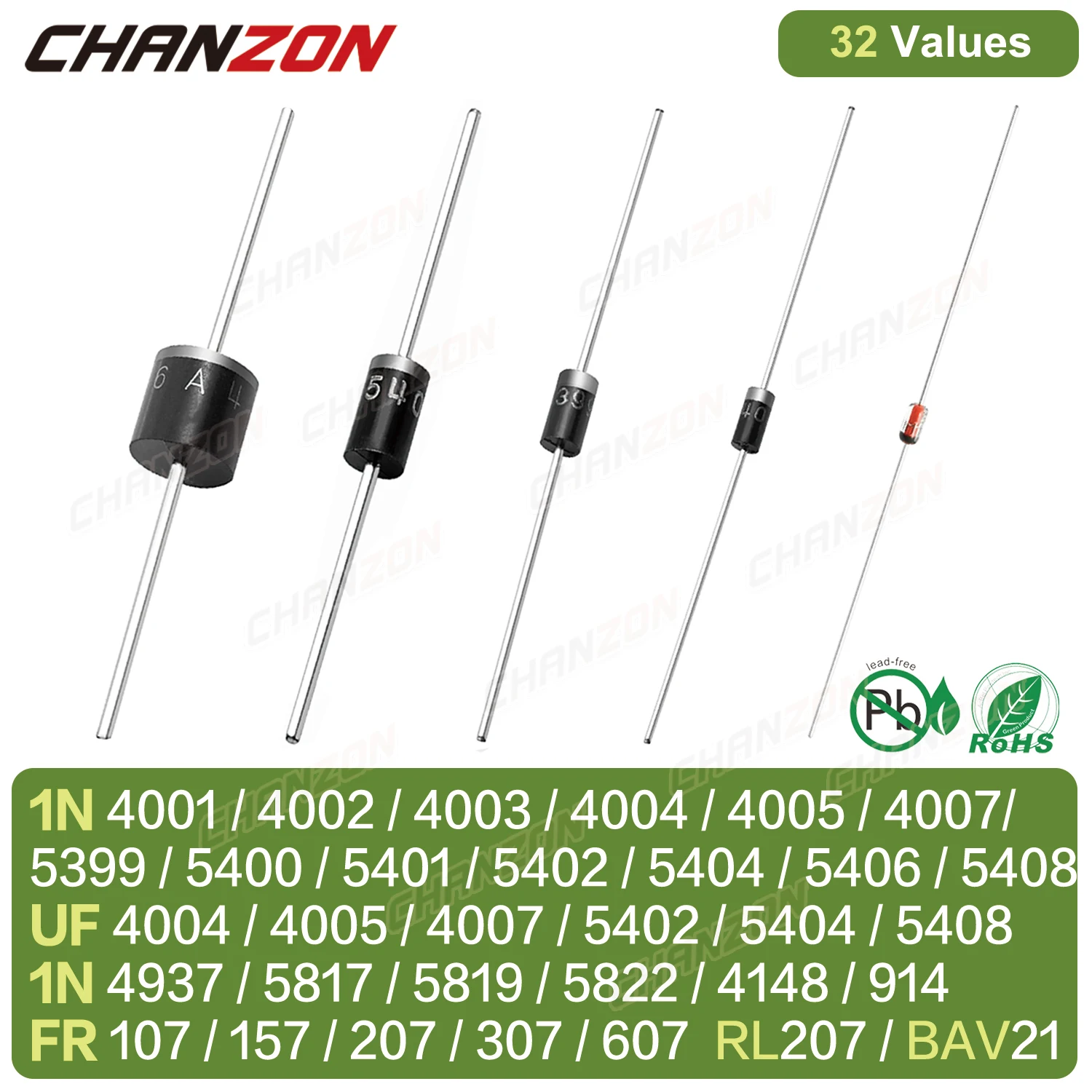 32Values Fast Recovery Switching Schottky Barrier Rectifier Diode 1N4001 1N4004 1N4007 1N5408 UF4007 1N5817 1N5819 1N5822 1N4148