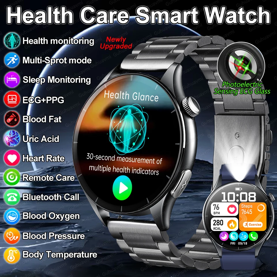 2026 Neue Health Glance Smartwatch mit Harnsäure-, Blutdruck- und Blutsauerstoffmessung, Körperanalyse, EKG+PPG-Funktion für iOS