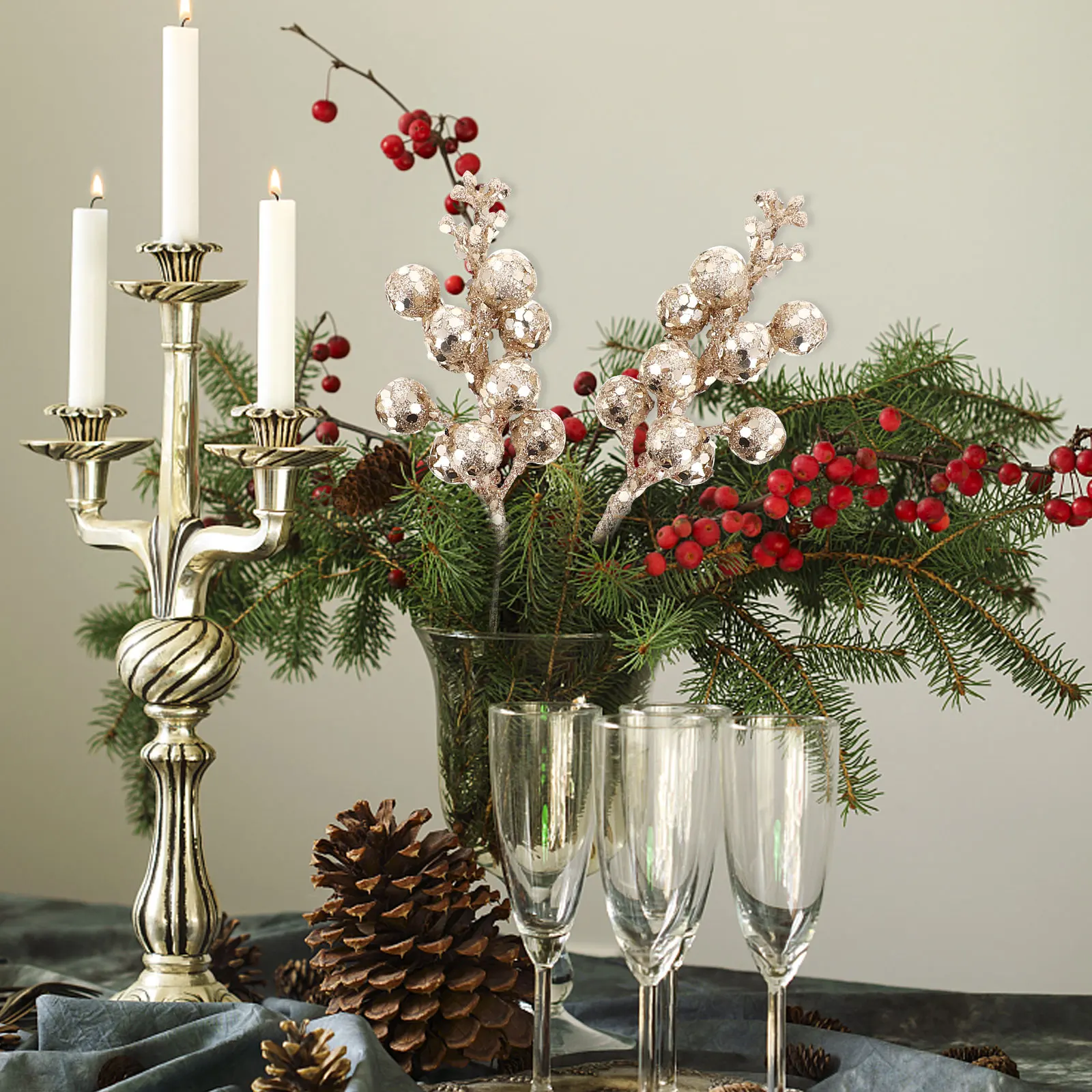 

5Pcs Xmas Simulation Fruit Branches Christmas Adornment for Tree Centerpiece Holiday Party Decor Supplies Photography Props