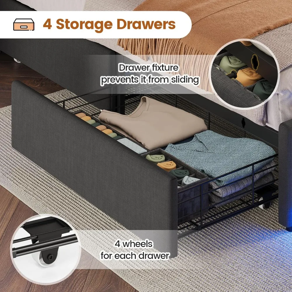 Bed, Queen Bed Frames with Headboard & 4 Drawers, LED Bed Frame Twin with Charging Station, Upholstered and Metal Queen Bed image 2
