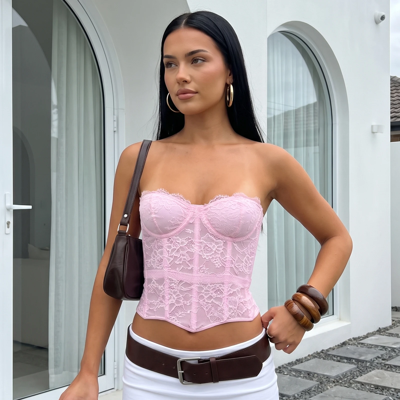 Women's Summer Solid Color Corset Tube Tops Sheer Lace Vertical Boning Strapless Bustier Tops