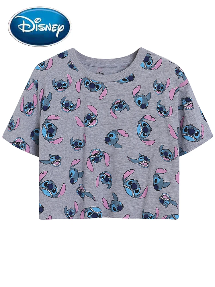 Disney T-Shirt Fashion Stitch Little Monster Cartoon Print Harajuku Women O-Neck Pullover Short Sleeve Short Tee Tops Streetwear