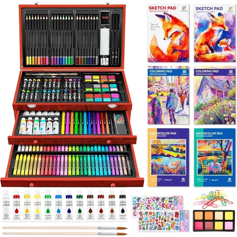 

Art Supplies, 269 Piece Deluxe Art Set with 6 Drawing Pads, Watercolor Paints, Crayons, Colored Pencils Set in Wooden Case