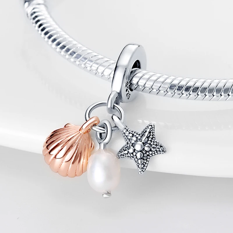 2024 Sale Pearl Starfish And Shell Three-In-One Charm Bead Fit Pandora Bracelet Women 925 Silver Pendant  Beads DIY Jewelry Gift