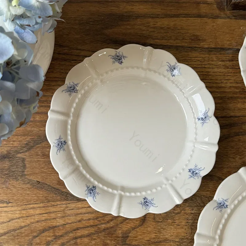Creative Round Flowers Dining Plates High End Restaurant Afternoon Tea Dessert Fruits Plate Home Delicious Dishes Ceramic Plate