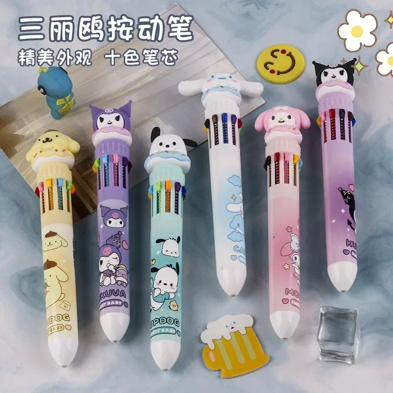 Hello Kitty Cinnamoroll Pompom Purin Kuromi ten-color ballpoint pen cartoon cute push-type color pen student stationery gel pen